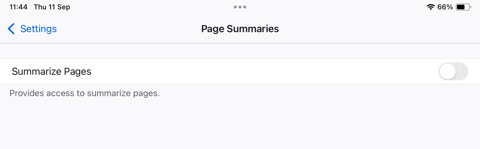 Screenshot of Firefox's Page Summaries settings with Summarize Pages disabled