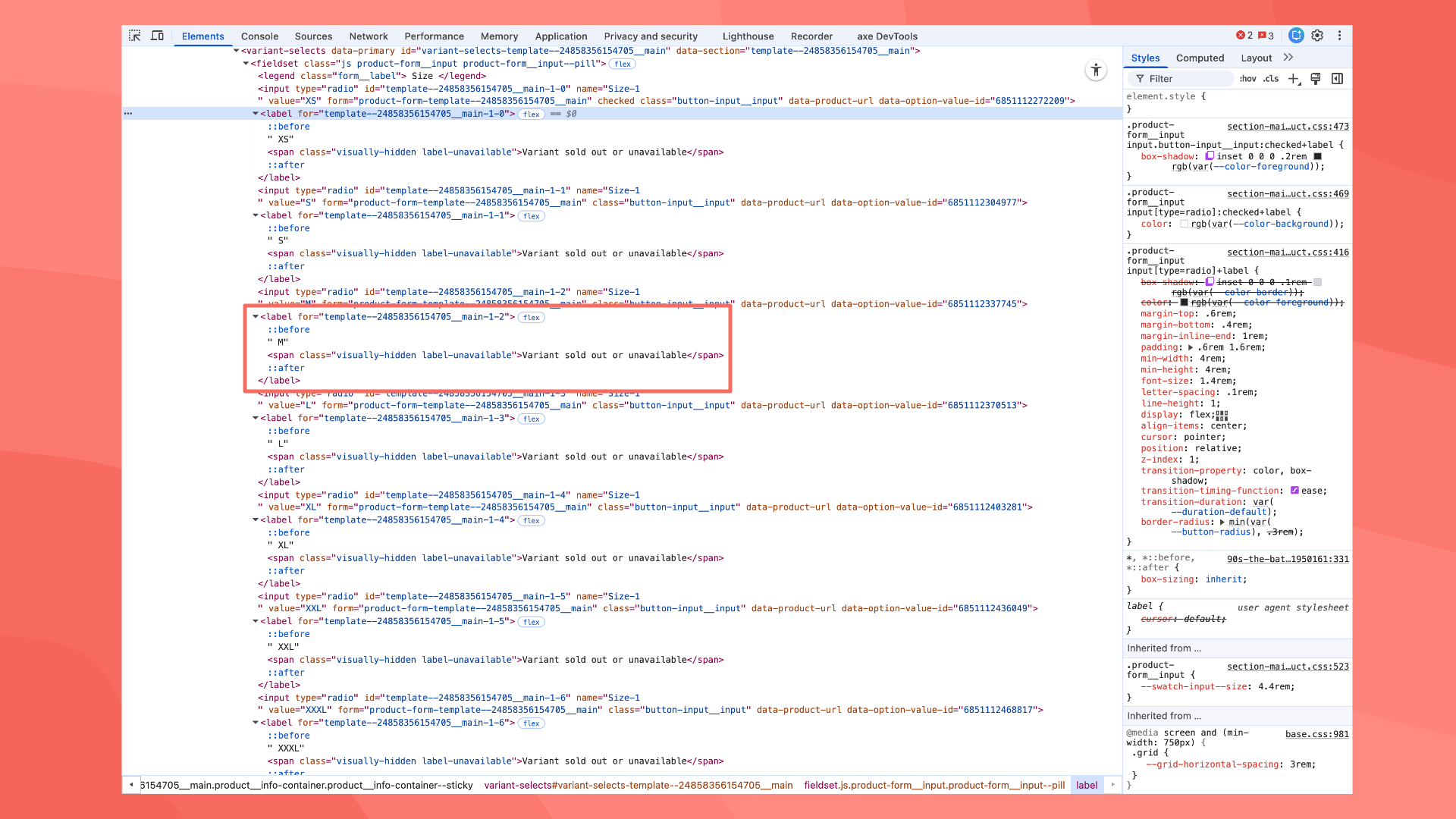 HTML code showing labels with a span containing the text ‘Variant sold out or unavailable’