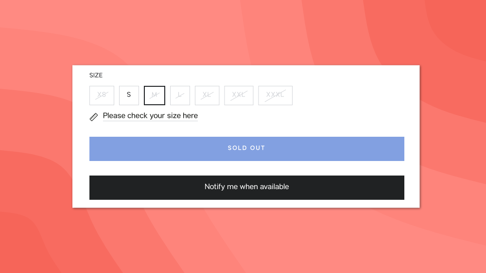 Screenshot showing product sizes, most are visually shown as unavailable including the current selection. There is a notify me when available button.