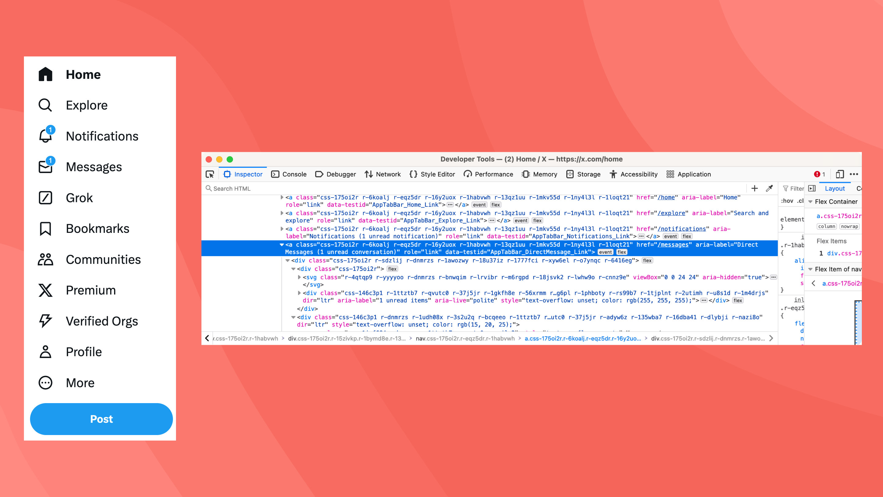 Side by side of the X primary navigation and rendered HTML. The HTML shows that the aria-label differs from the visible link text for messages