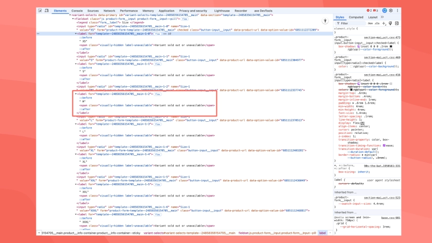 HTML code showing labels with a span containing the text ‘Variant sold out or unavailable’