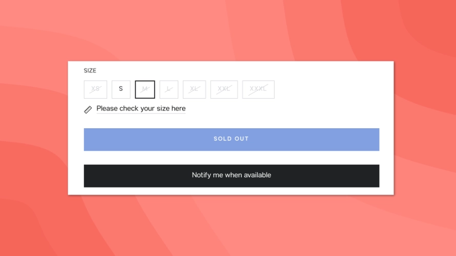 Screenshot showing product sizes, most are visually shown as unavailable including the current selection. There is a notify me when available button.