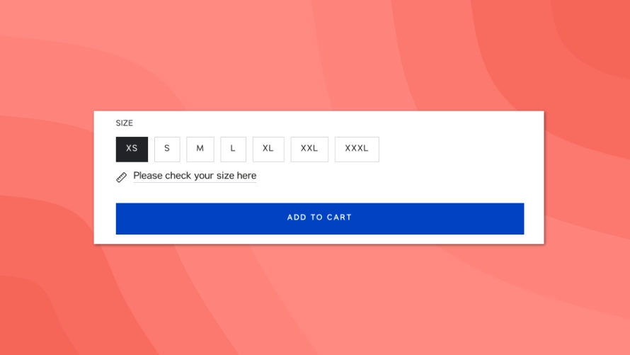 Screenshot showing a choice of sizes and an add to cart button. All sizes are visually shown to be available.